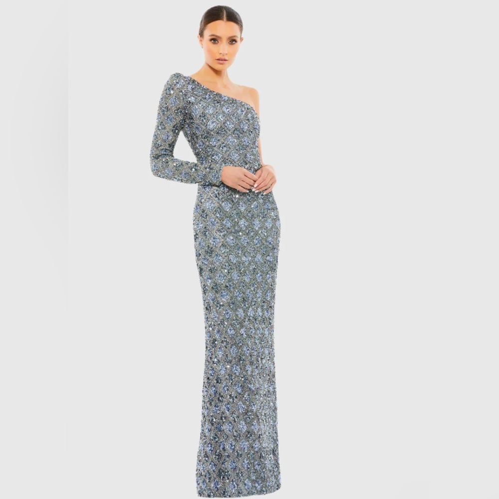 NWT Mac Duggal Sz 6 5479 Embellished One Shoulder Asymmetrical Gown Slate $798